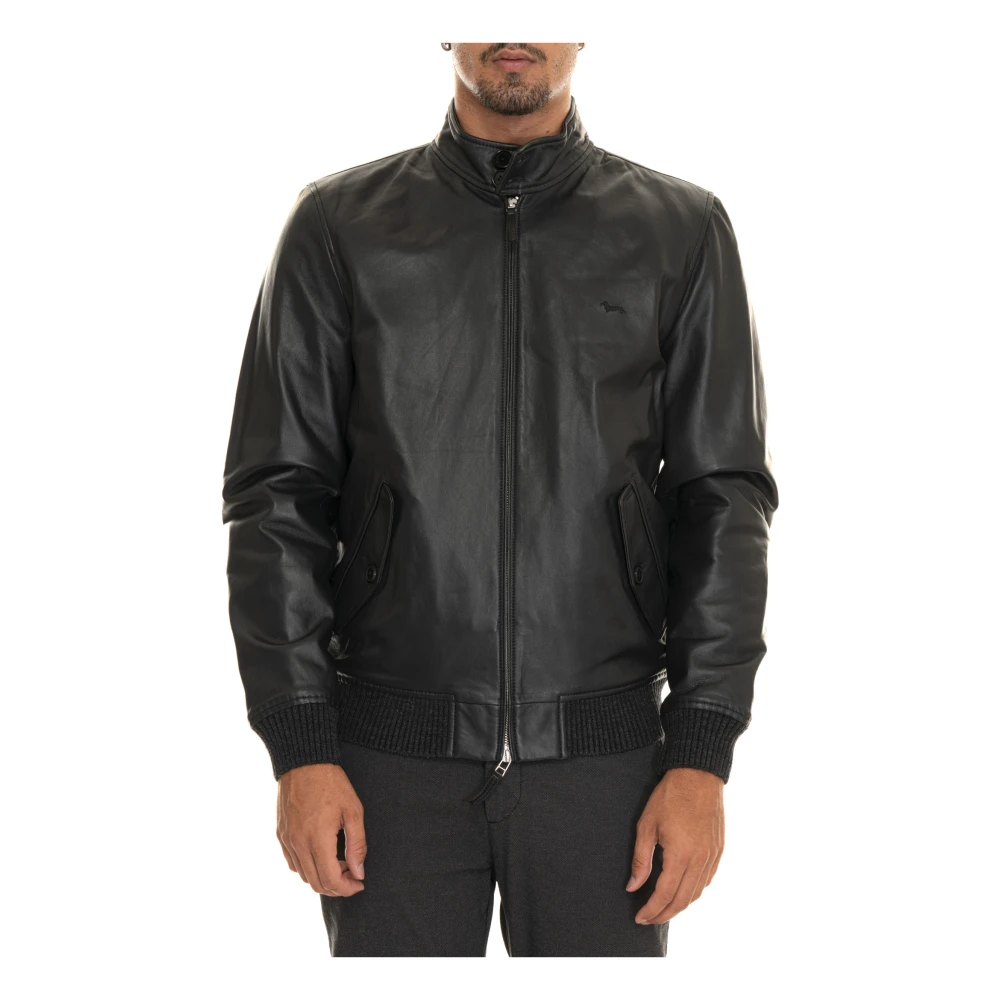 Harmont & Blaine Leren Harrington Jack met Gebreide Boorden Black Heren