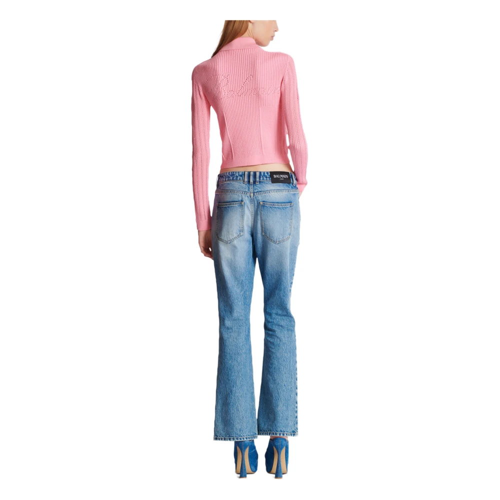 Balmain Geknipte geribbelde gebreide vest met ajourdetails Pink Dames