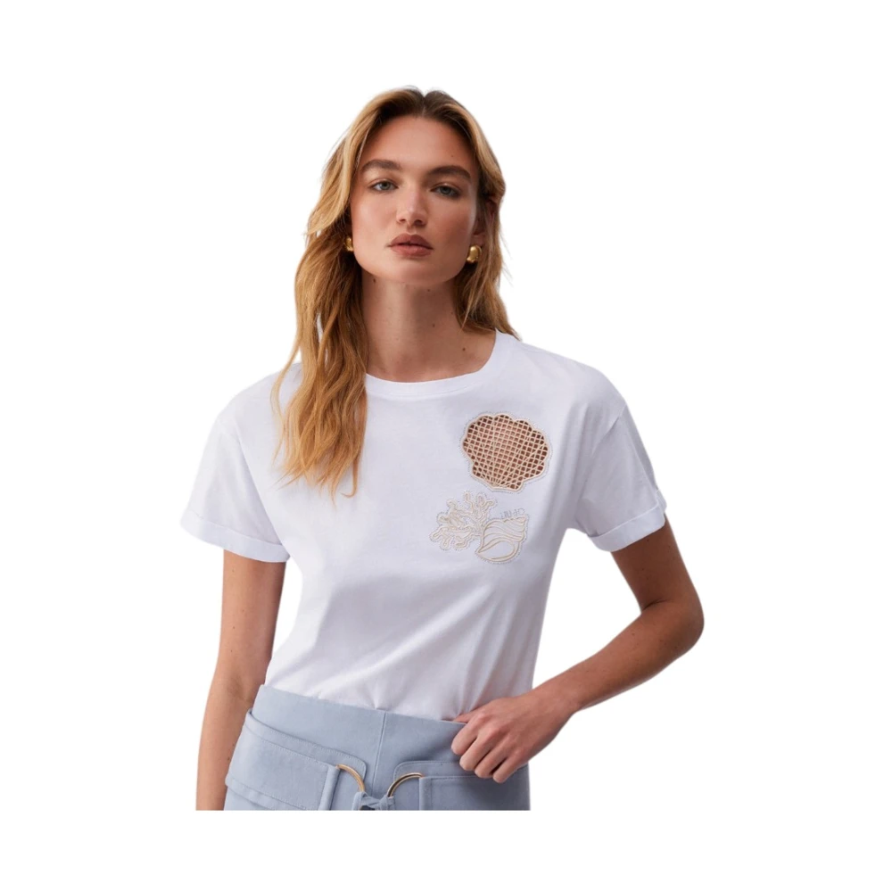 Liu Jo Kvinno Vit Toppar Dam, S, Bomull, T-Shirt Med Broderad Detalj