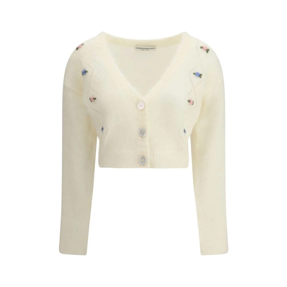 Alessandra Rich Women's White Cardigans, Xs, Floral Embroidered Mohair Cardigan