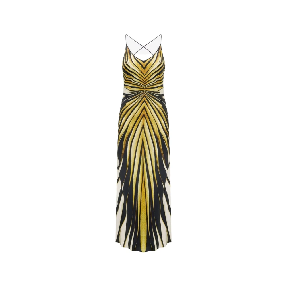 Roberto Cavalli Multicolor Gowns, Female, Xl, Gold Print Silk Dress Made In Italy