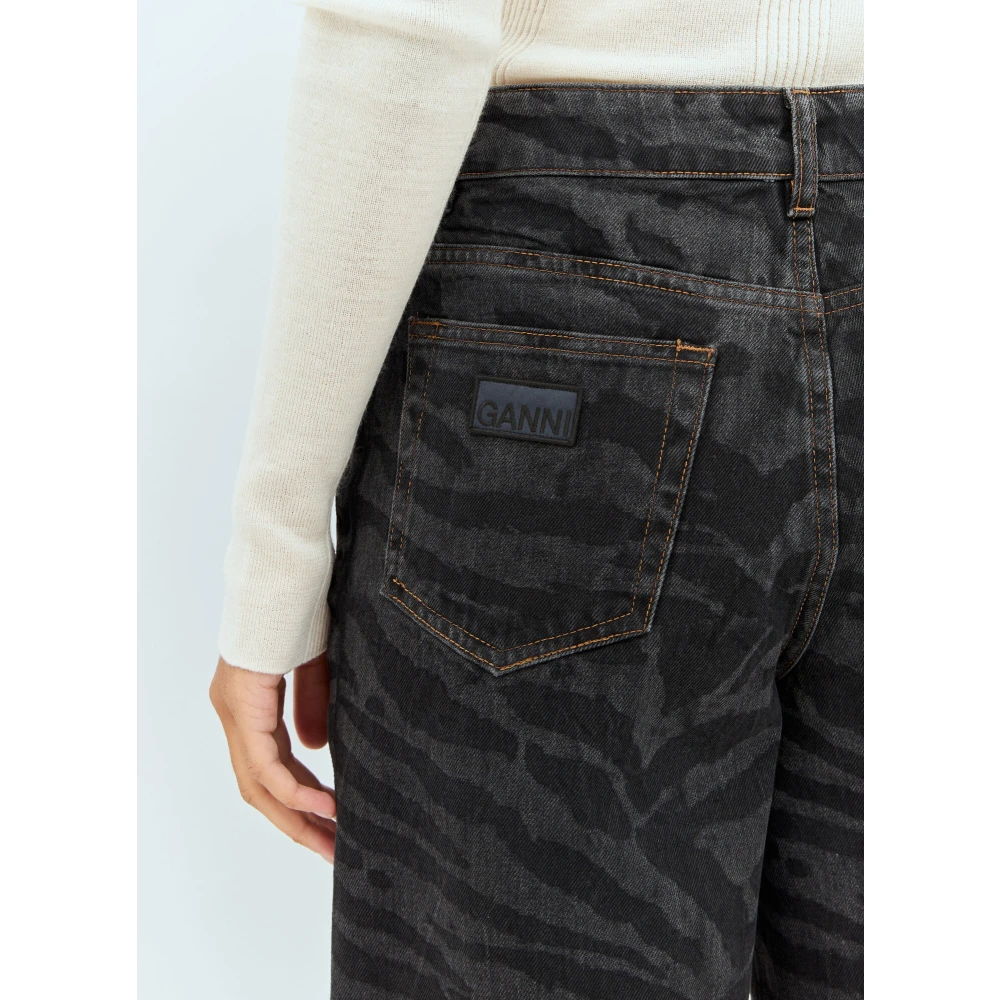 Ganni Animal Print Denim Shorts Black Dames