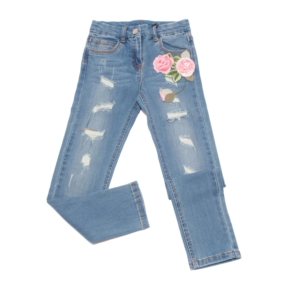 Monnalisa Girls Blue Jeans, 3 Y, Embroidered Denim Trousers