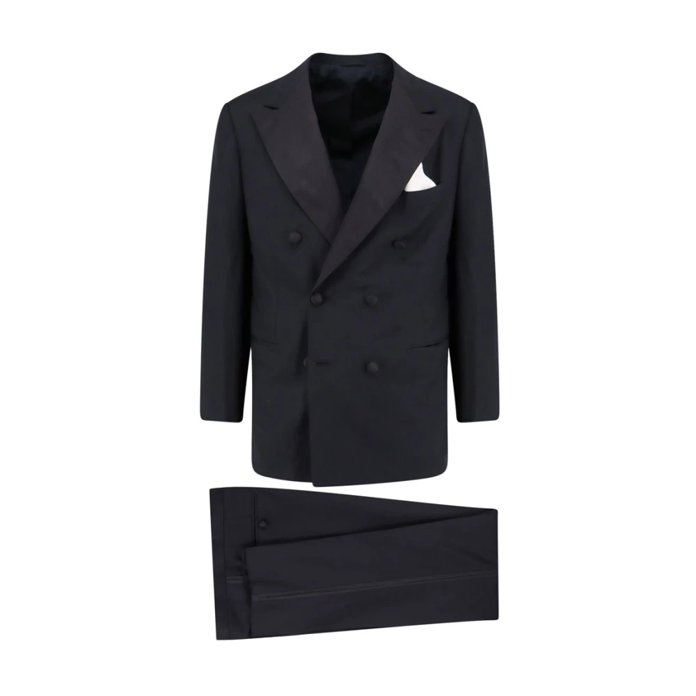 Kiton Peak Lapel Double-Breasted Wool Smoking Black Heren