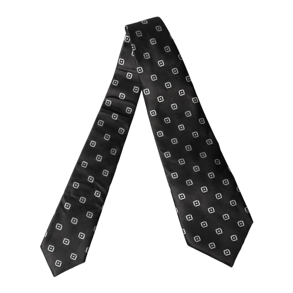 Dolce & Gabbana Dark Gray White Geometric Silk Adjustable Women Necktie Tie - Image 2