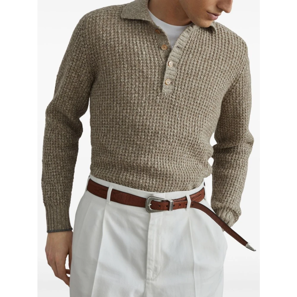 BRUNELLO CUCINELLI Beige Kasjmiermix Gebreide Polo Sweater Beige Heren