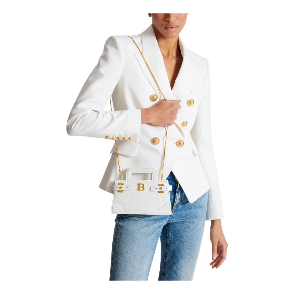 Balmain Kleine B-Buzz Top Handle tas in generfd leer White Dames