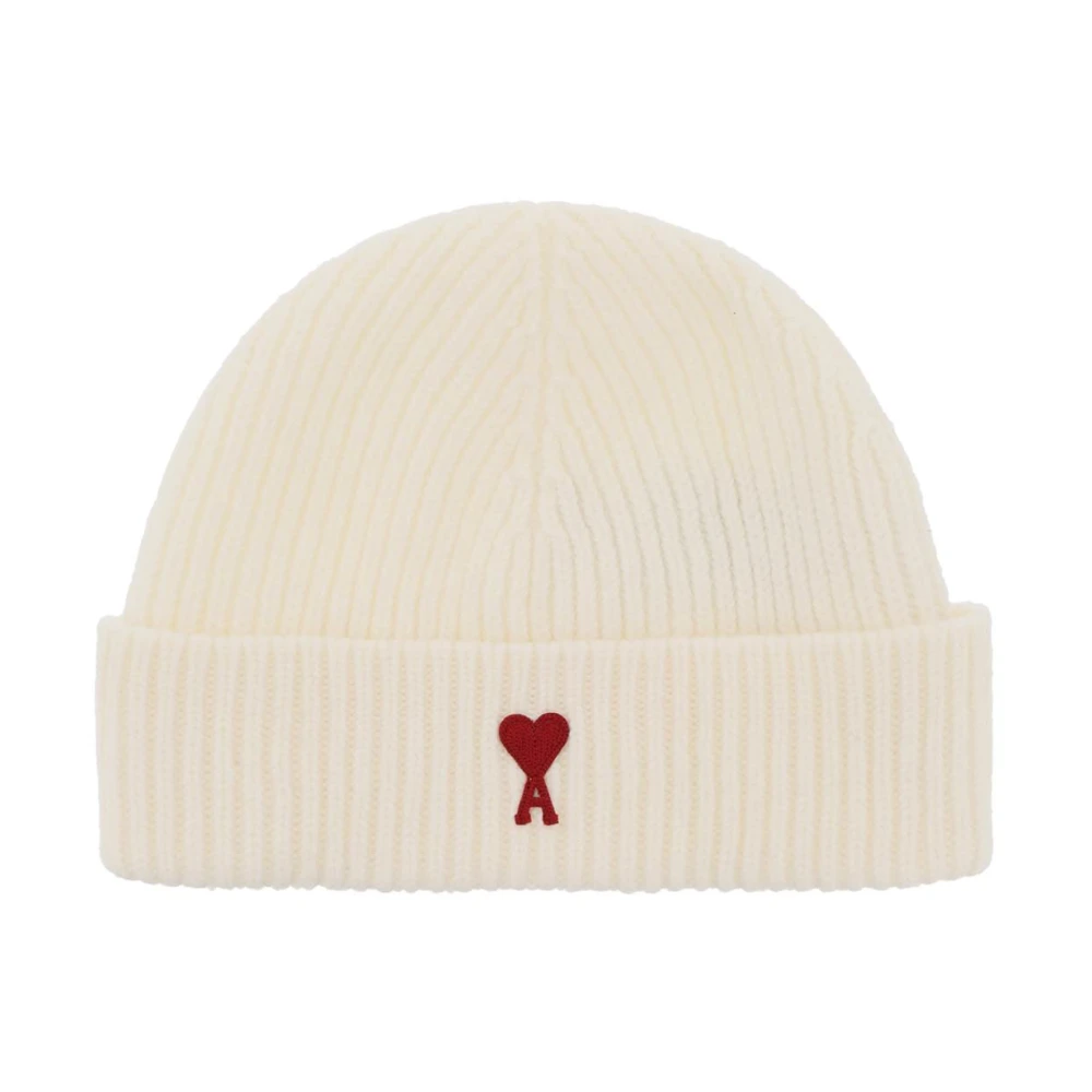 Ami Paris Geribbelde wollen beanie met logo patch White Heren