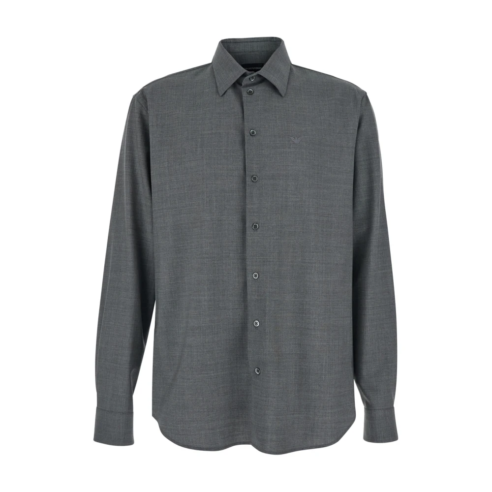 Emporio Armani Mannelijk Grijs Overhemden Heren, S, Wol, Logo-Geborduurde Wollen Overhemd