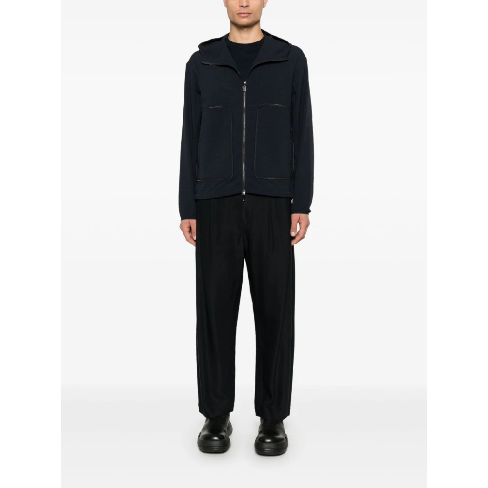 Emporio Armani Blauwe Seersucker Hooded Jas Lichtgewicht Rits Blue Heren