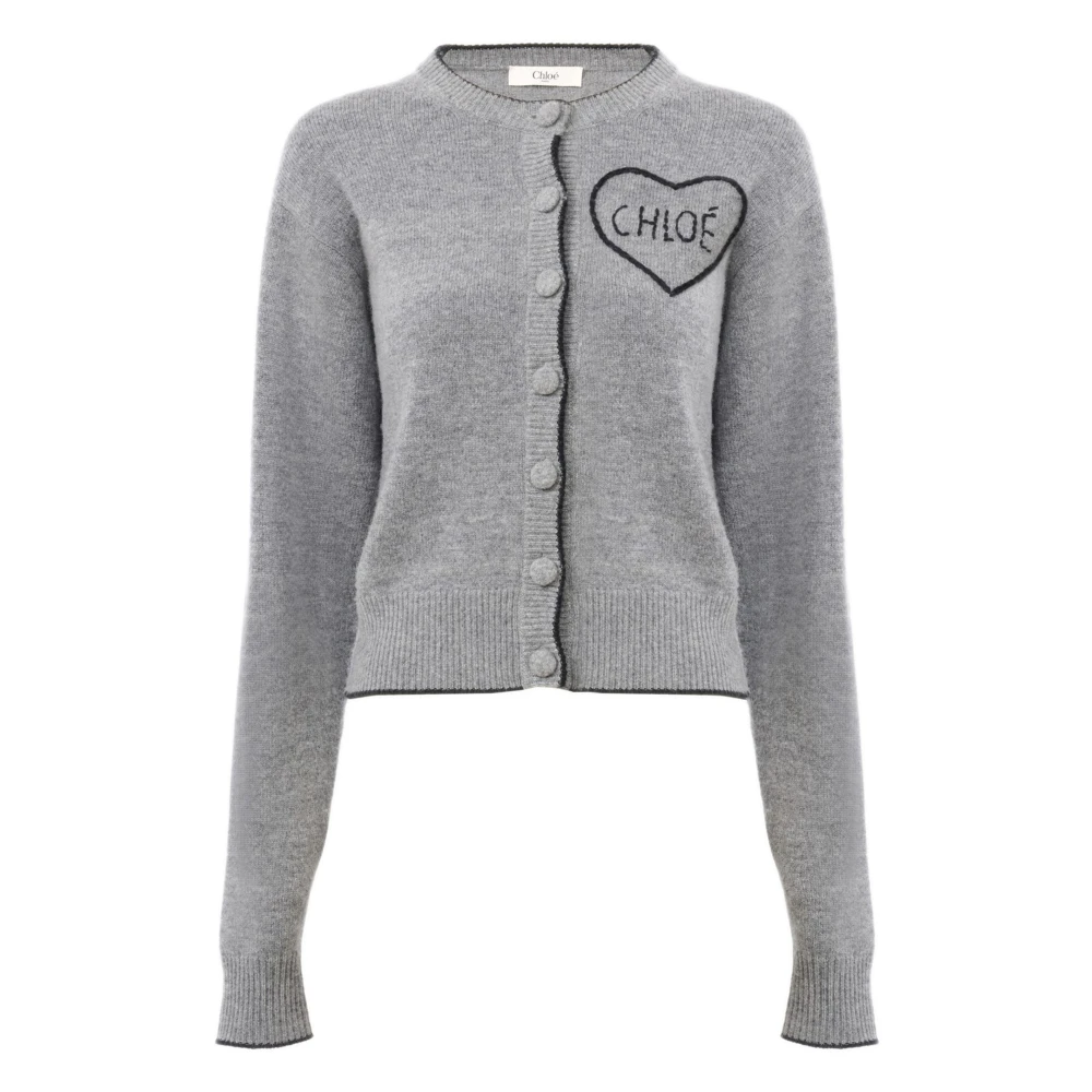 Chloé Women's Gray Cardigans, M, Fitted Logo Cardigan