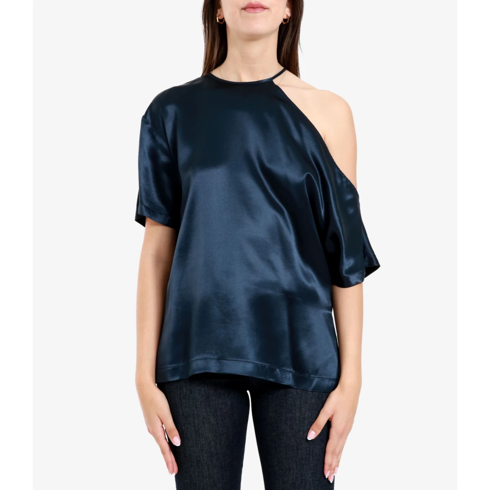 Erika Cavallini Blauwe Satijnen Shirt met Ronde Halslijn Blue Dames