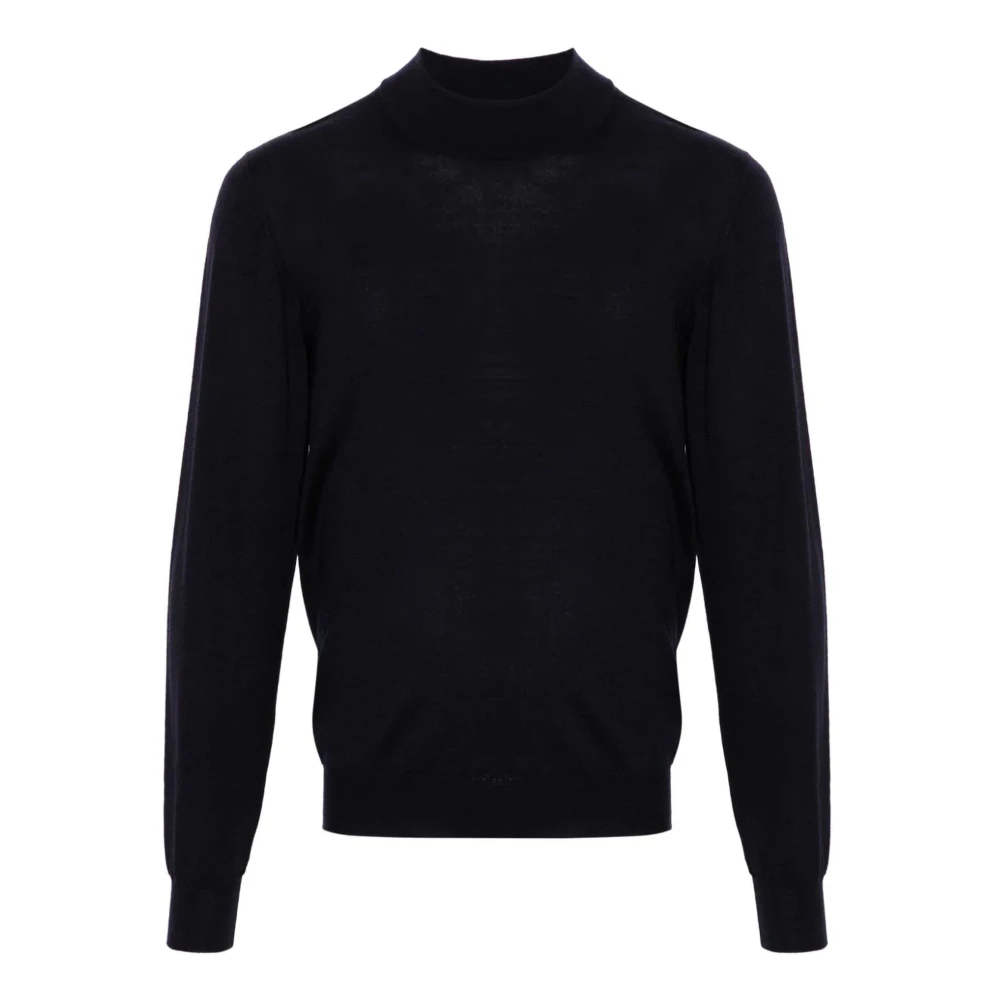 Fedeli Blauwe Derby Sweater Fijn Gebreid Mock Hals Blue Heren