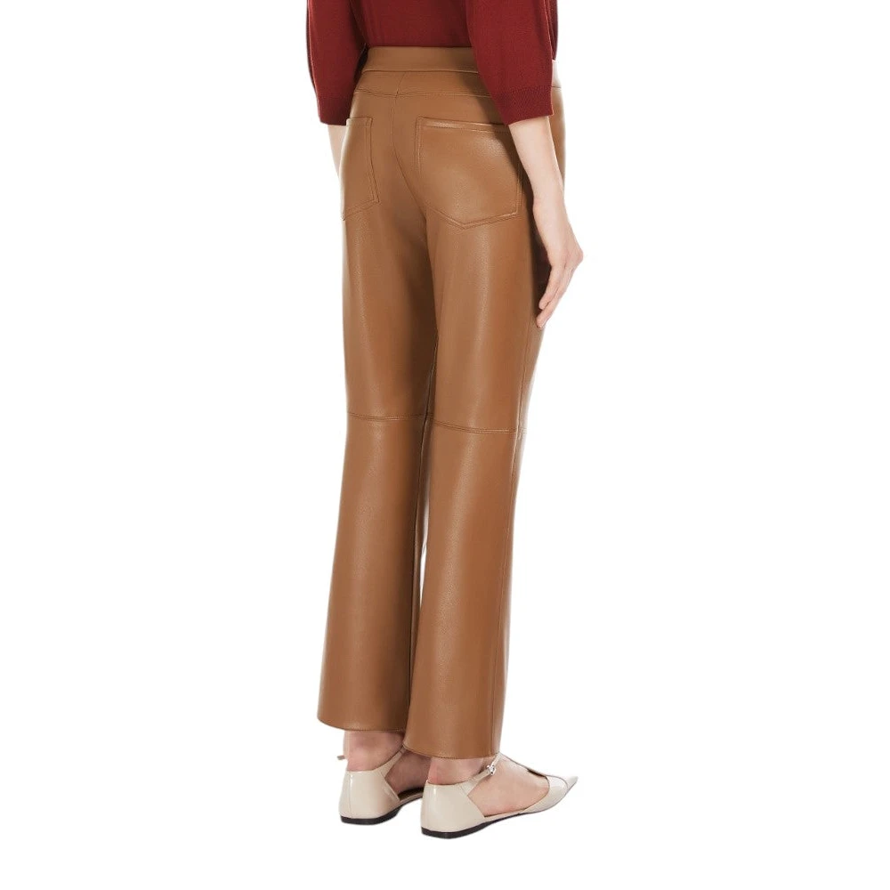 Max Mara Bruine Slim-Fit Gecoate Broek met Leren Details Brown Dames