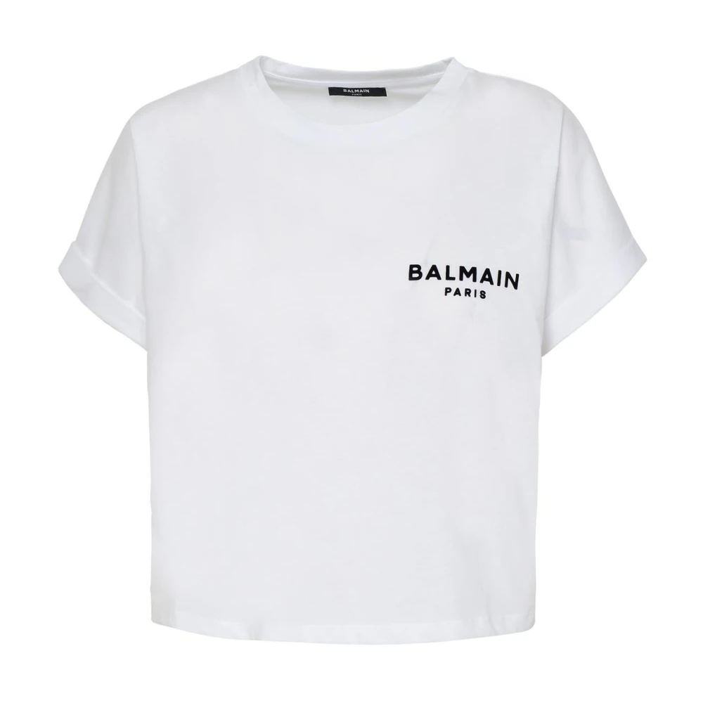 Balmain Katoenen Cropped T-Shirt White Dames