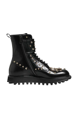 Studded Lace-Up Mid Calf Leather Boots