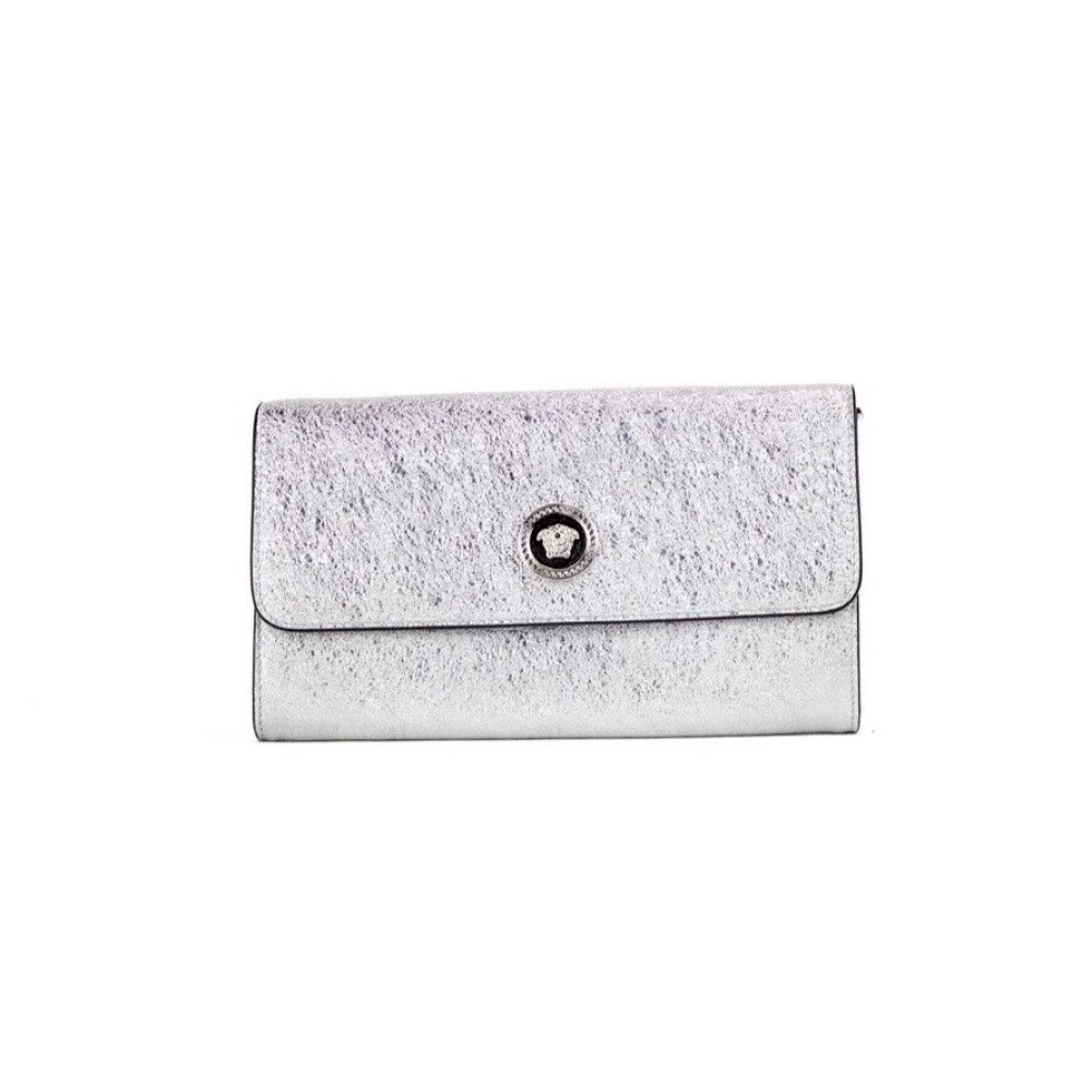 Versace Small Metallic Silver Lamb Leather Medusa Clutch Crossbody Wallet Bag Grå Dam
