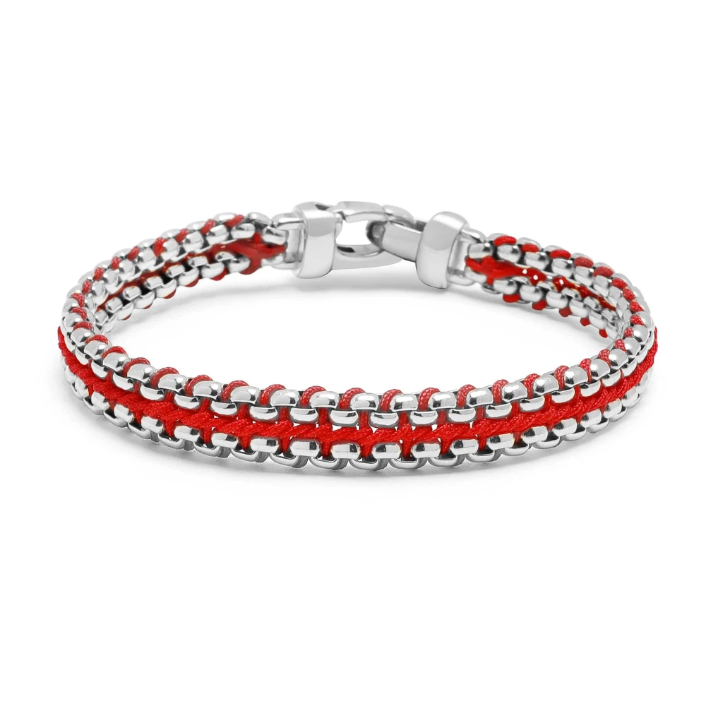 Nialaya Men's Red/Silver Woven Box Chain Bracelet In