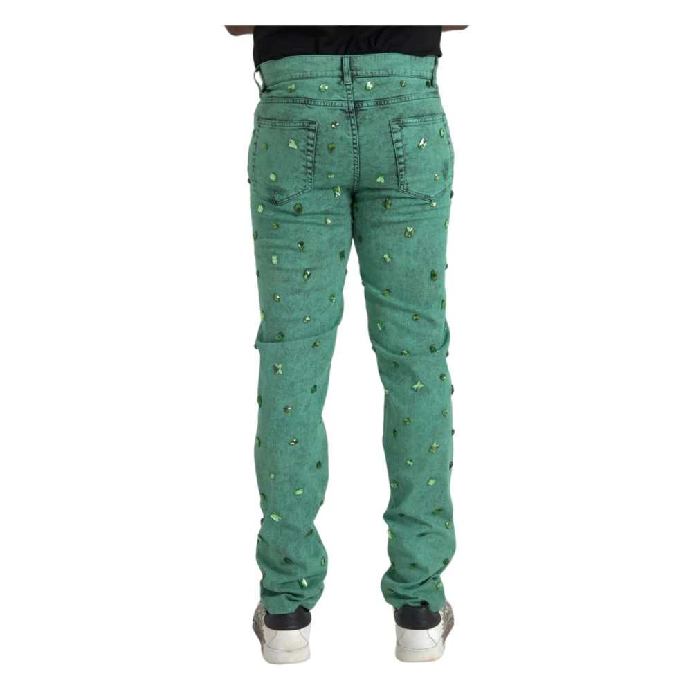 Dolce & Gabbana Groene Kristal Skinny Denim Jeans Green Heren