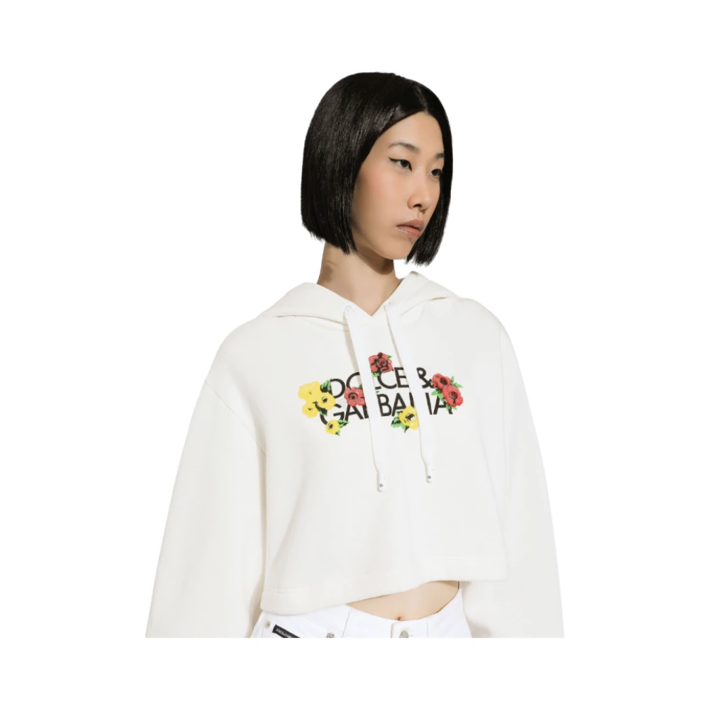Dolce & Gabbana Bloemenprint Crop Hoodie White Dames