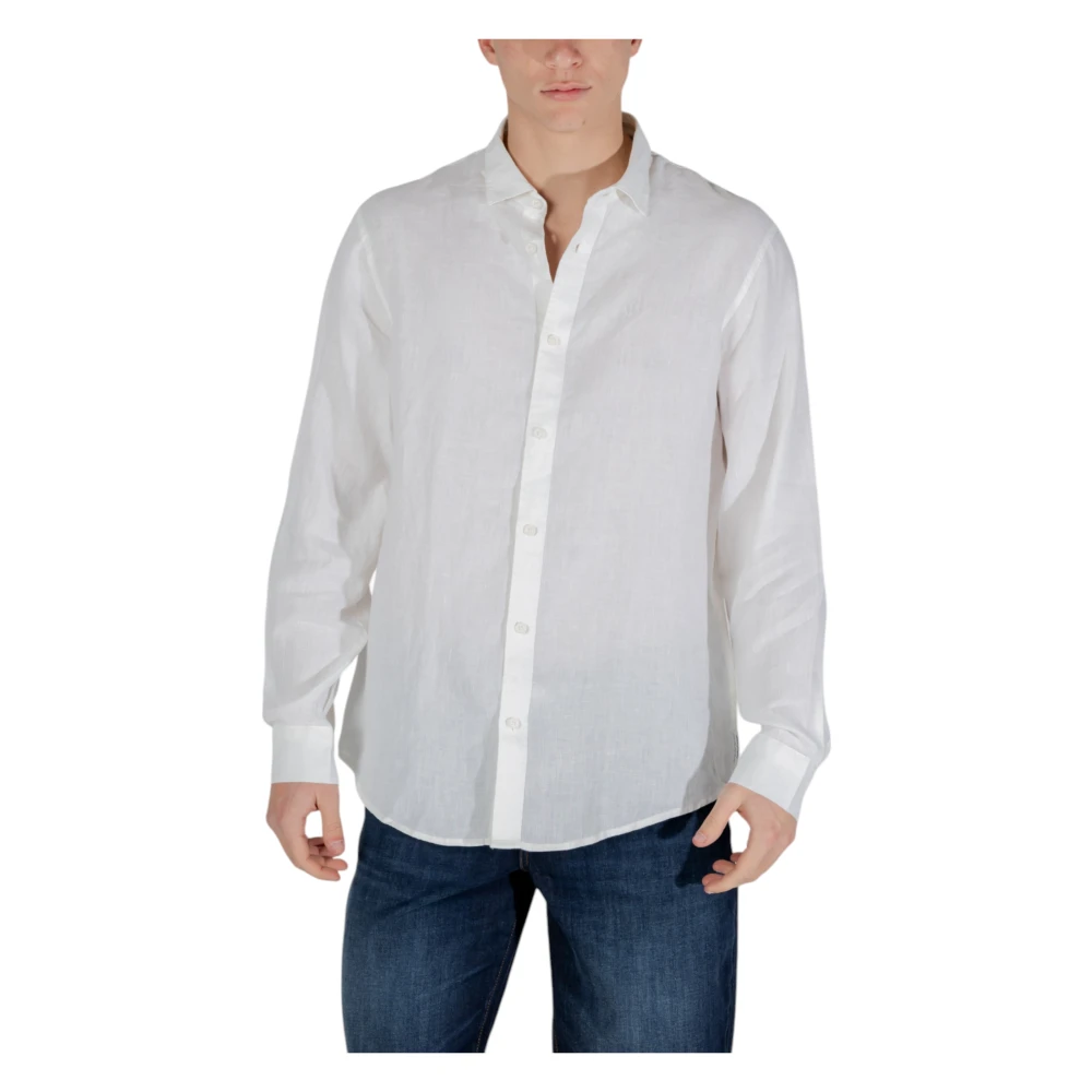 Armani Exchange White Casual Shirts, Male, L, Linen Long Sleeve Shirt