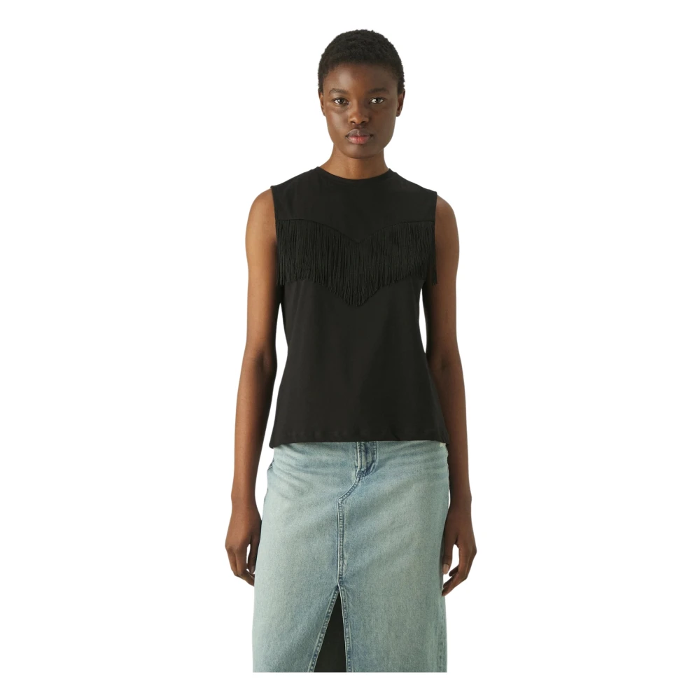 pinko Zwarte katoenen T-shirt met franjes Black Dames