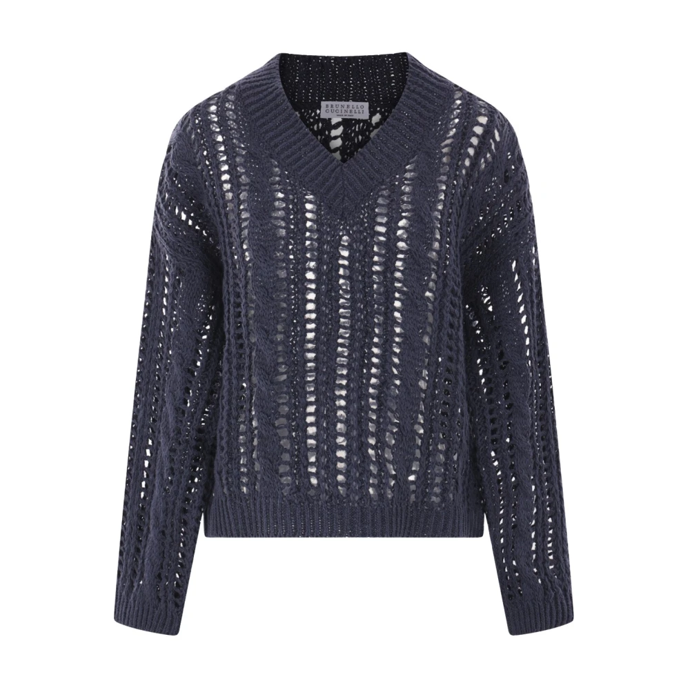 BRUNELLO CUCINELLI Blauwe Gebreide Trui met V-Hals Blue Dames