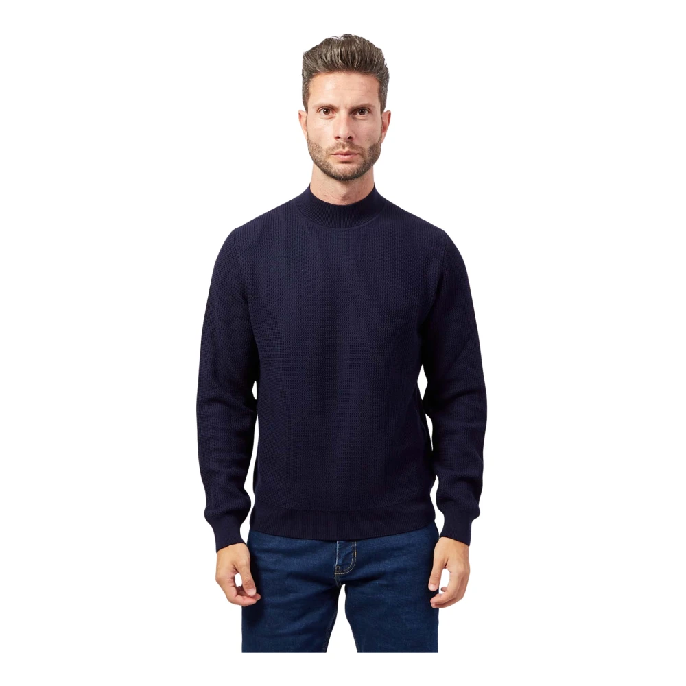 Hugo Boss Blauwe Wollen Trui Half Col Ribbel Blue Heren