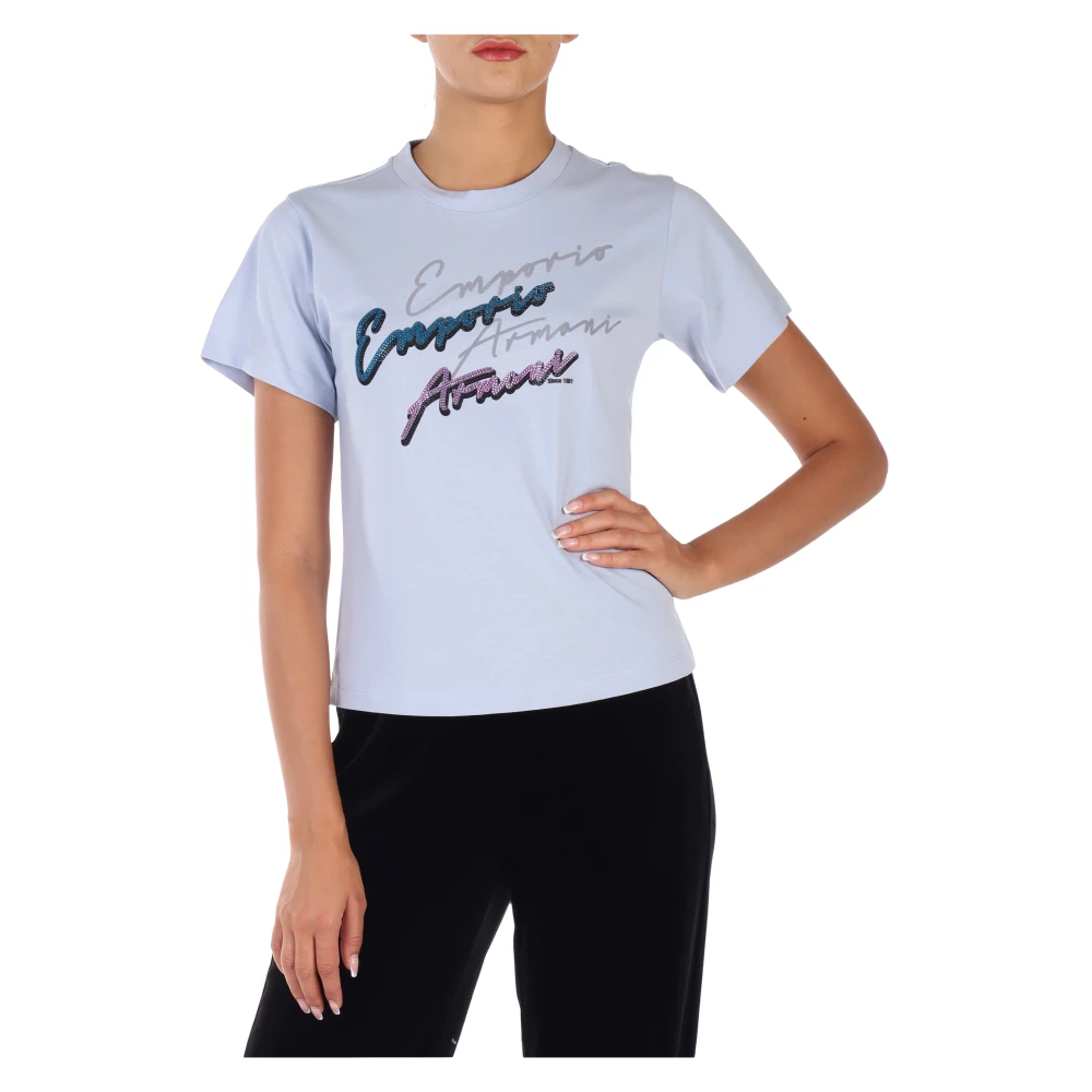 Emporio Armani Katoenen T-shirt met Strass Logo Blue Dames