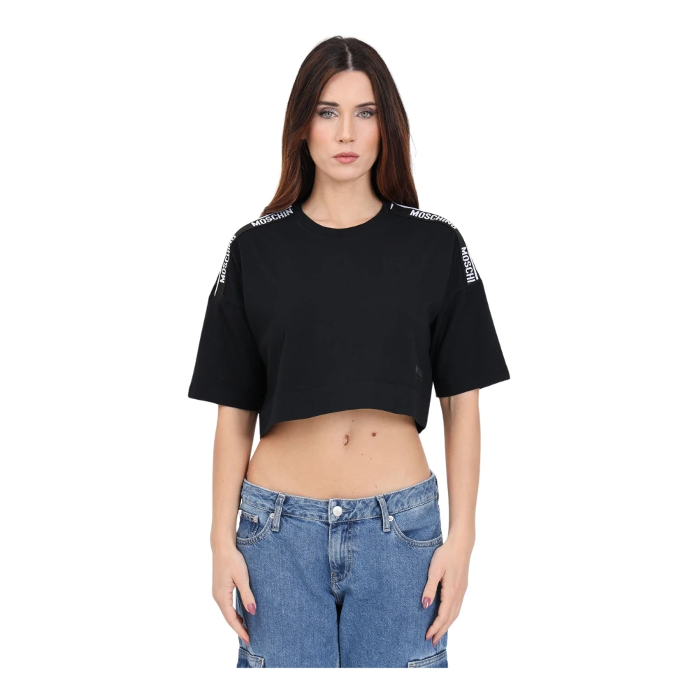 Moschino Zwart Logo T-shirt met Crop Snit Black Dames