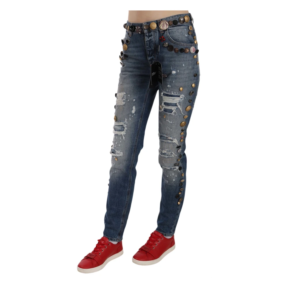Dolce & Gabbana Kristalversierde Versleten Denim Jeans Blue Dames
