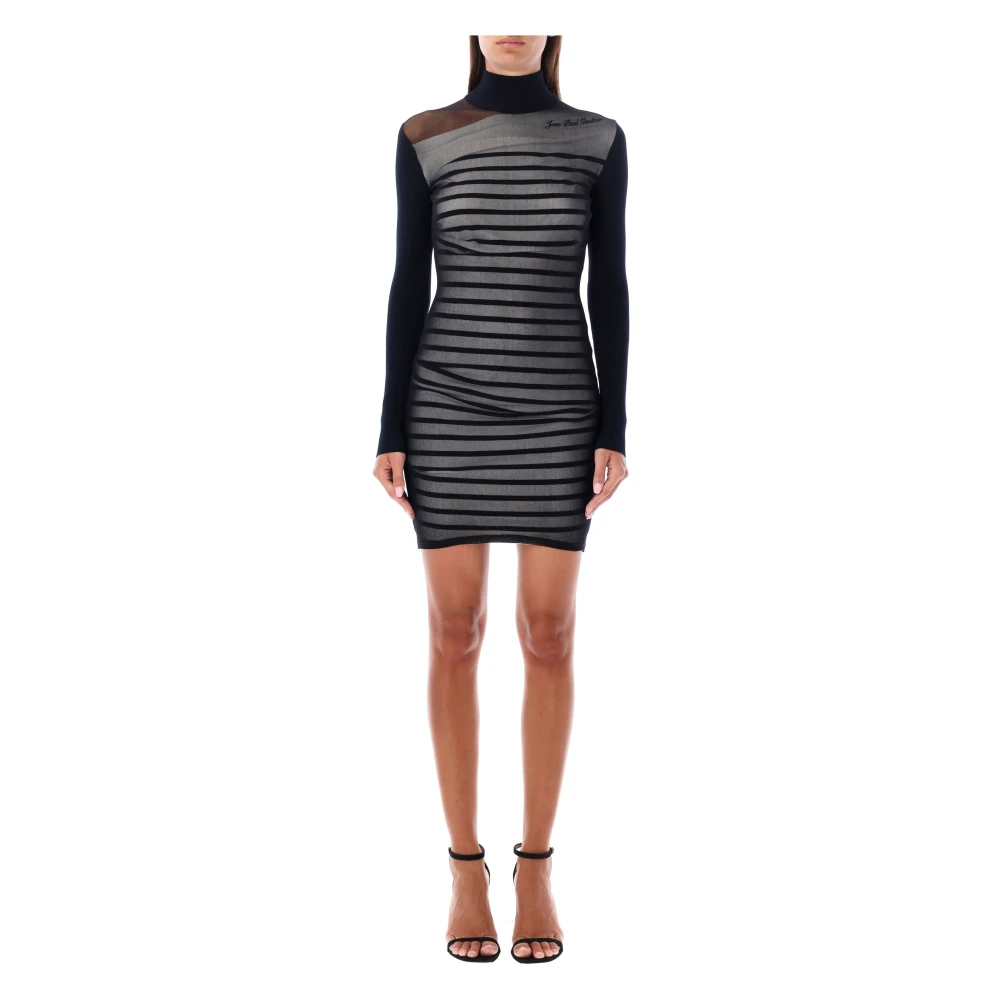 Jean Paul Gaultier Gestreepte Geribbelde Mini Jurk Marine Wit Black Dames
