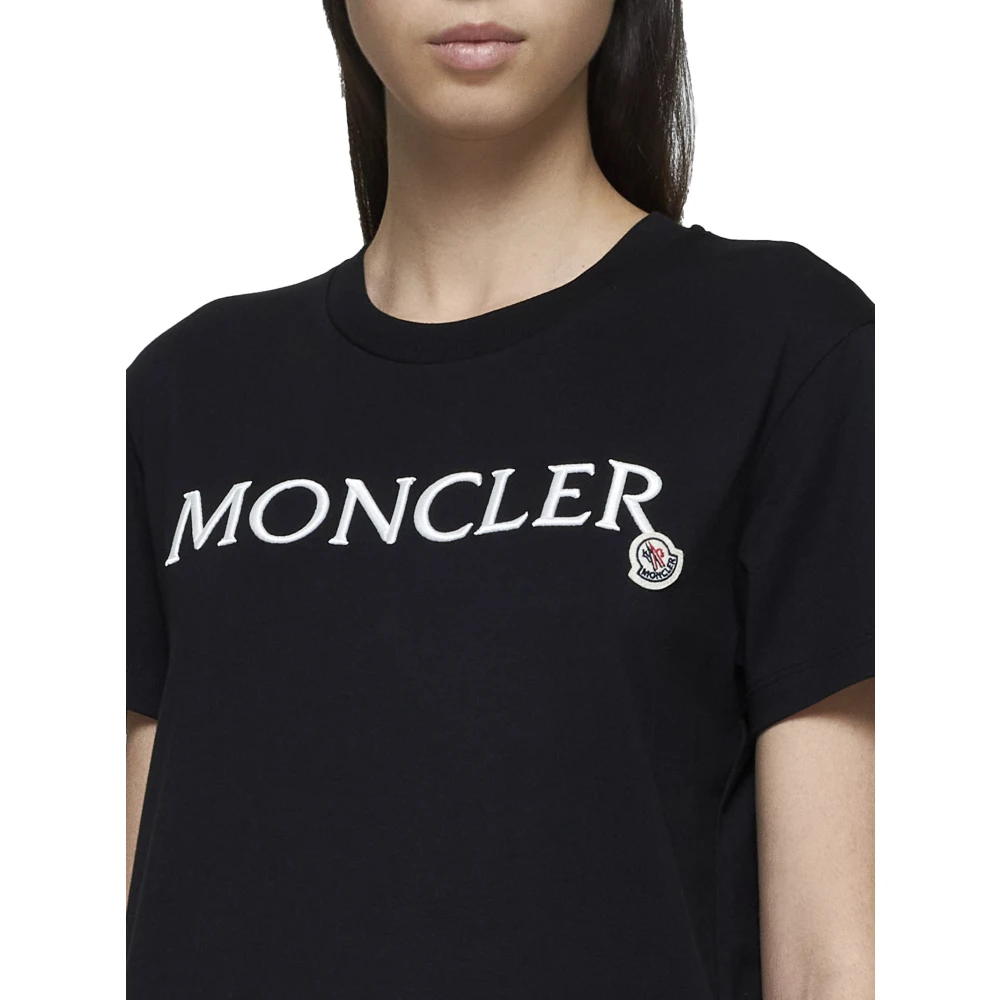 Moncler Zwart Logo Geborduurd Katoenen T-shirt Black Dames