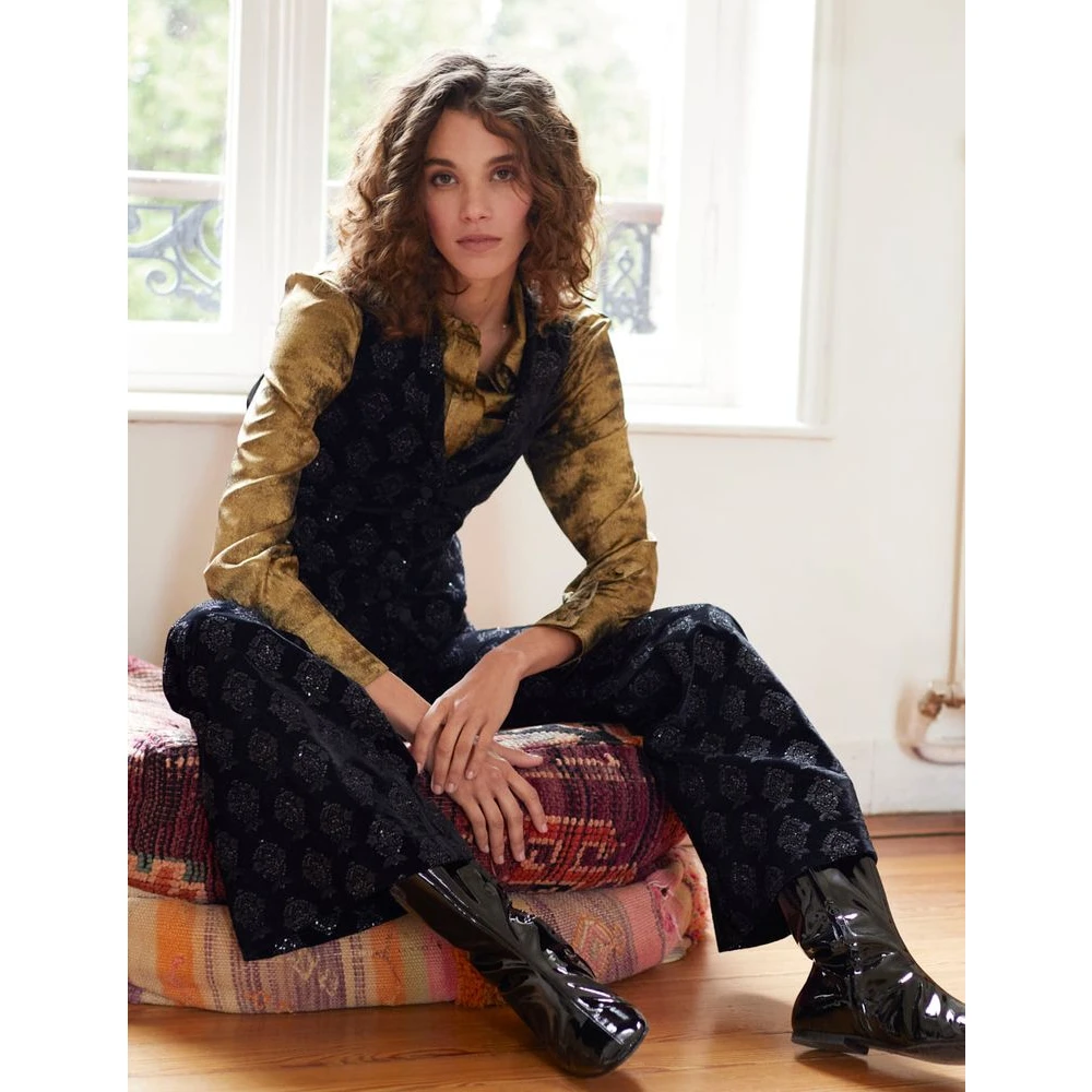 Ines De La Fressange Paris Zwarte Fluwelen Geborduurde Flare Broek Black Dames