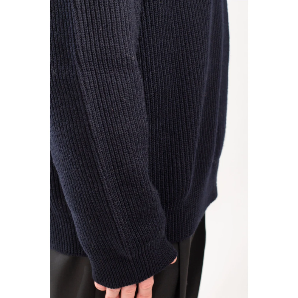 Seven Gauge Geribbelde Merinos V-hals Trui Blue Heren