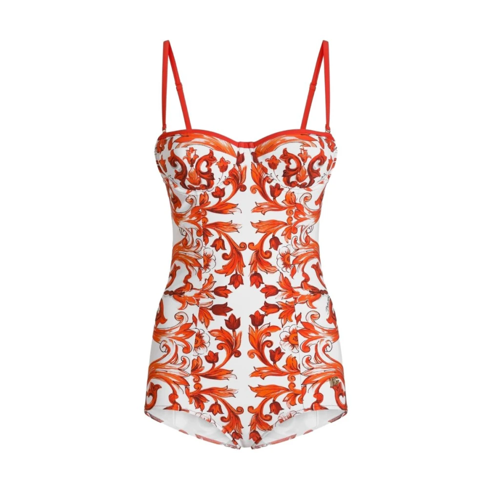 Dolce & Gabbana Majolica-Print Balconette One-Piece Swimsuit - Female - Swimsuits - Orange - S - Swimwear
