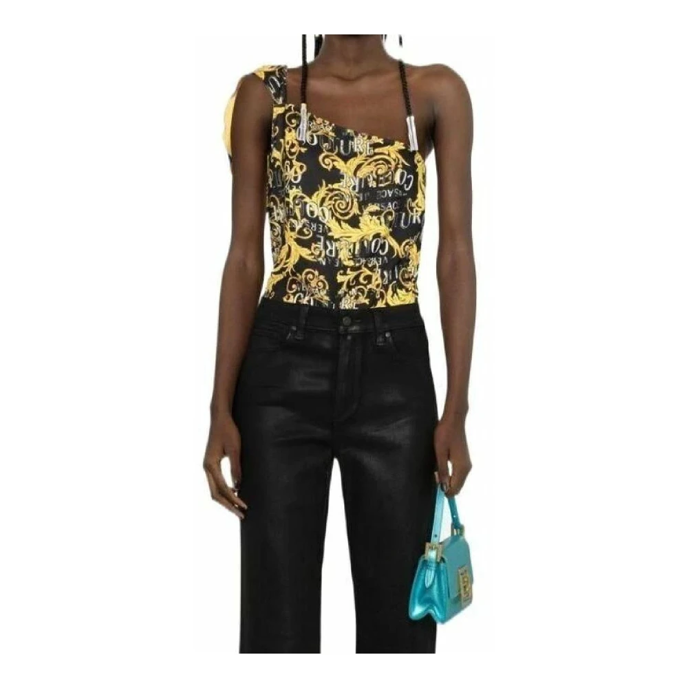 Versace Jeans Couture Nero Mouwloze Top met Gouden Logo Print en Ruffle Detail Yellow Dames