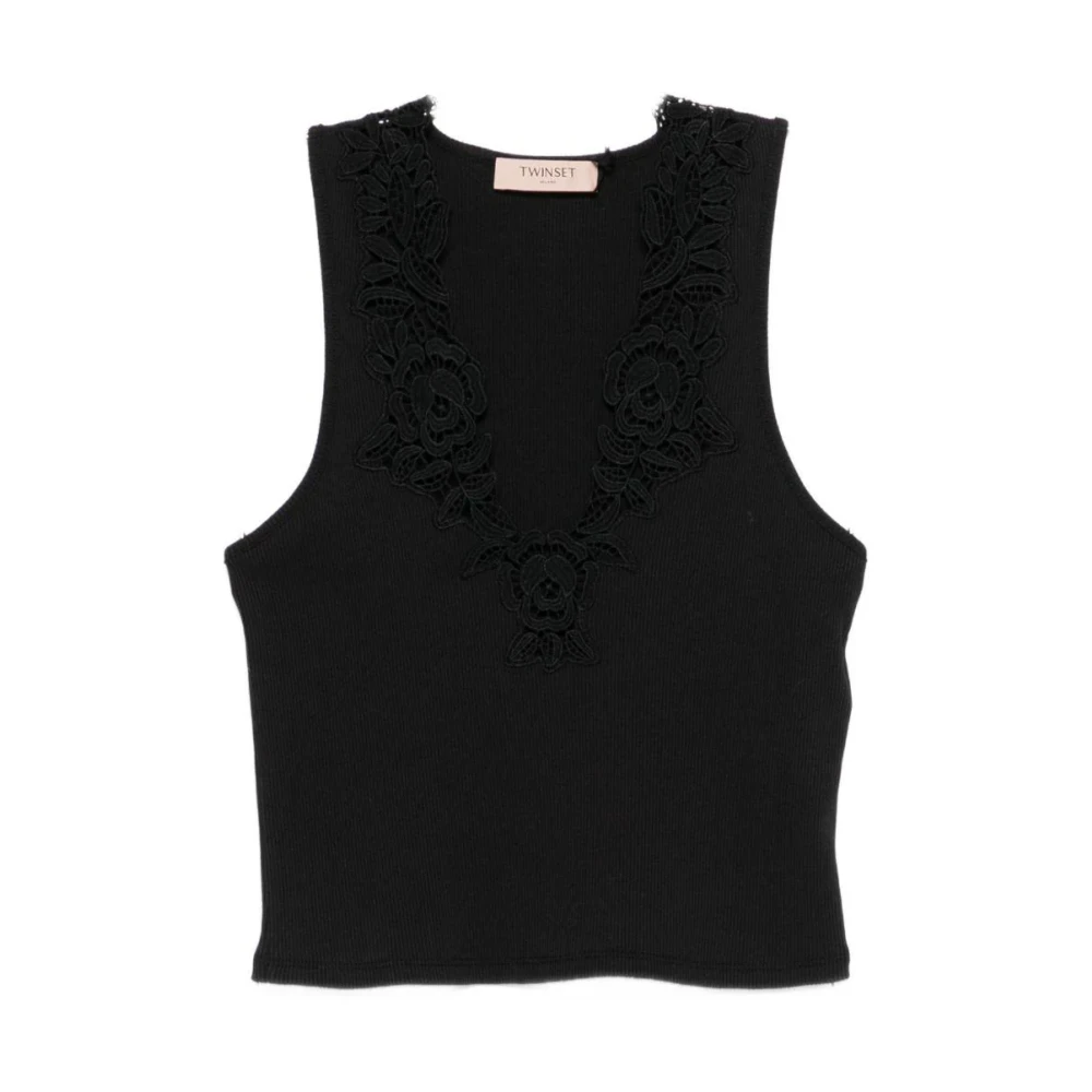 Twinset Black Acanalado Encaje Top - Female - Sleeveless Tops - Xl - Tops