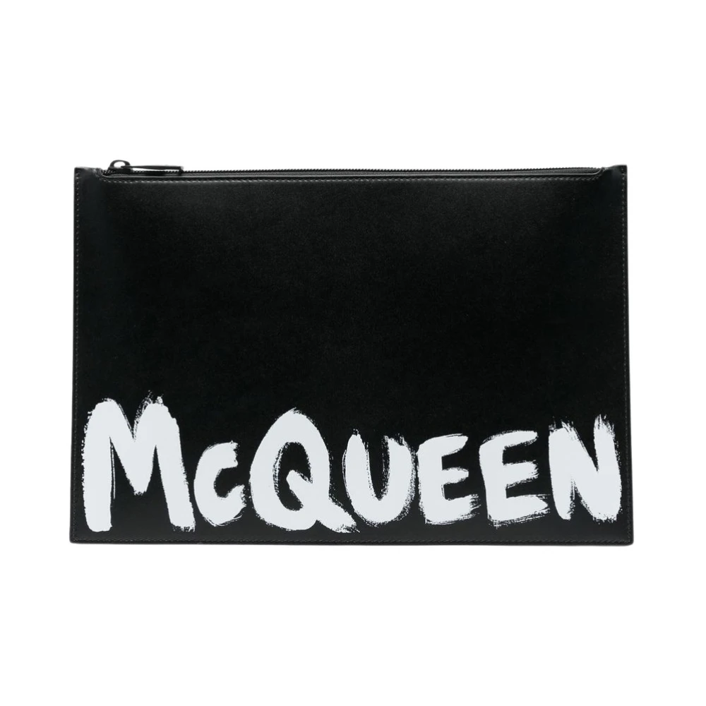 Alexander McQueen Svart Läderclutch med Tryck Black, Herr