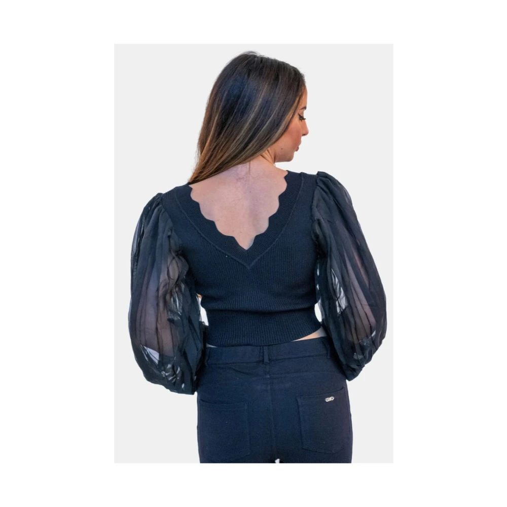 Fracomina Geribbelde Crop Sweater met V-hals Black Dames