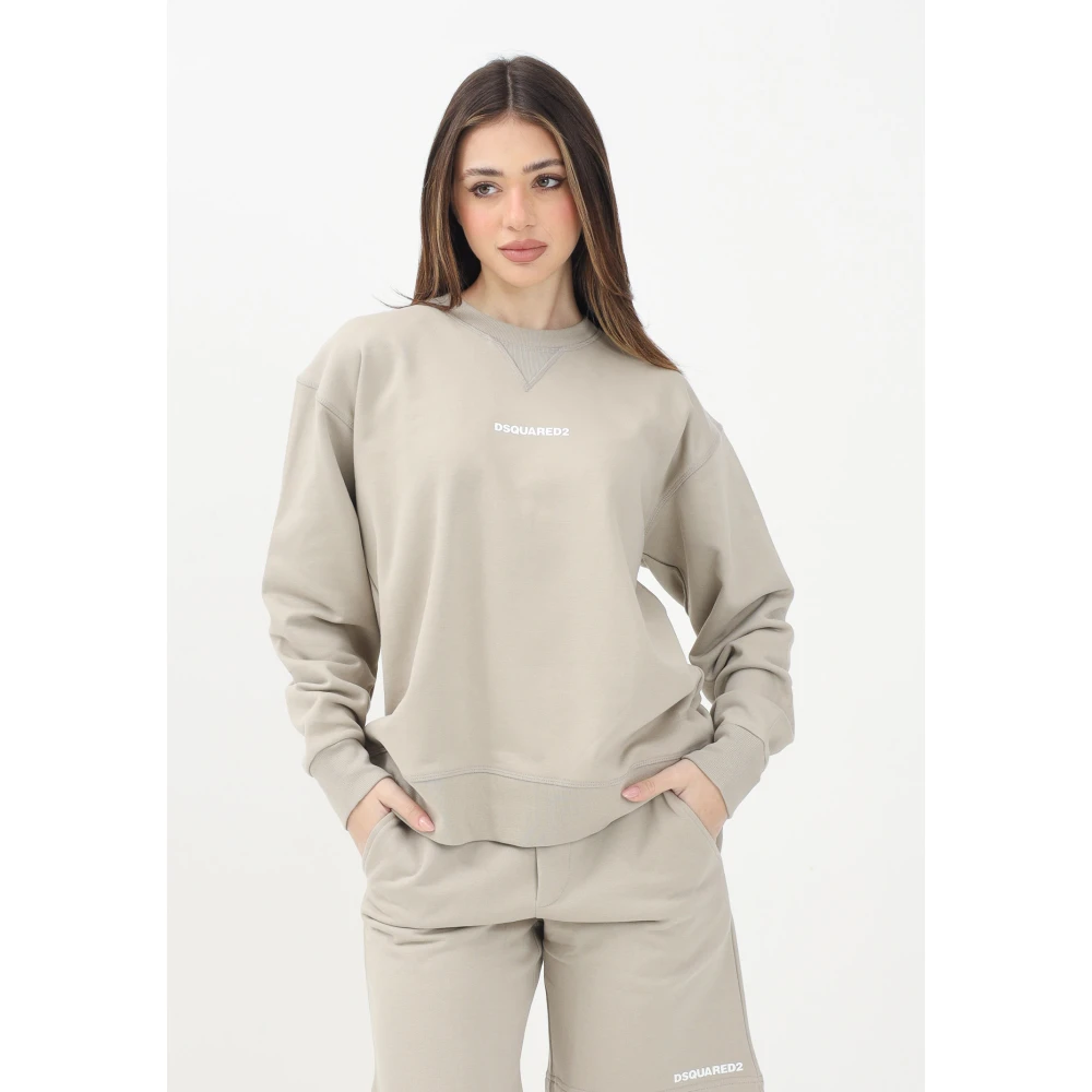 Dsquared2 Beige Crewneck Sweater met Wit Logo Gray Dames