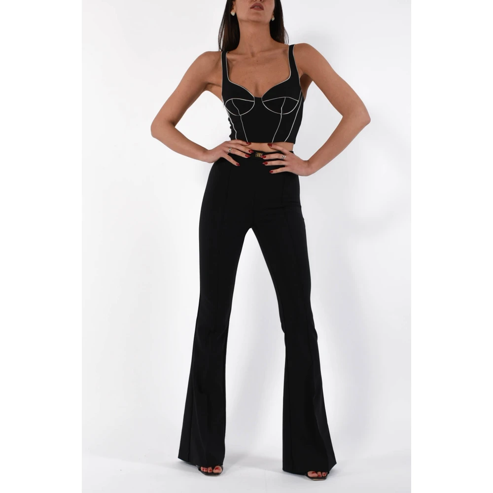 Elisabetta Franchi Wijde Crêpe Broek met Logo Plaque Black Dames