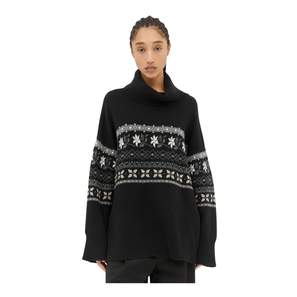 Skall Studio Grafische Jacquard Wol T-Neck Sweater Black Dames