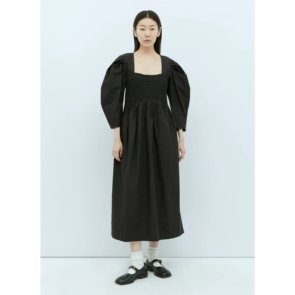 Ganni Open-Hals Midi Jurk met Ballonmouwen Black Dames