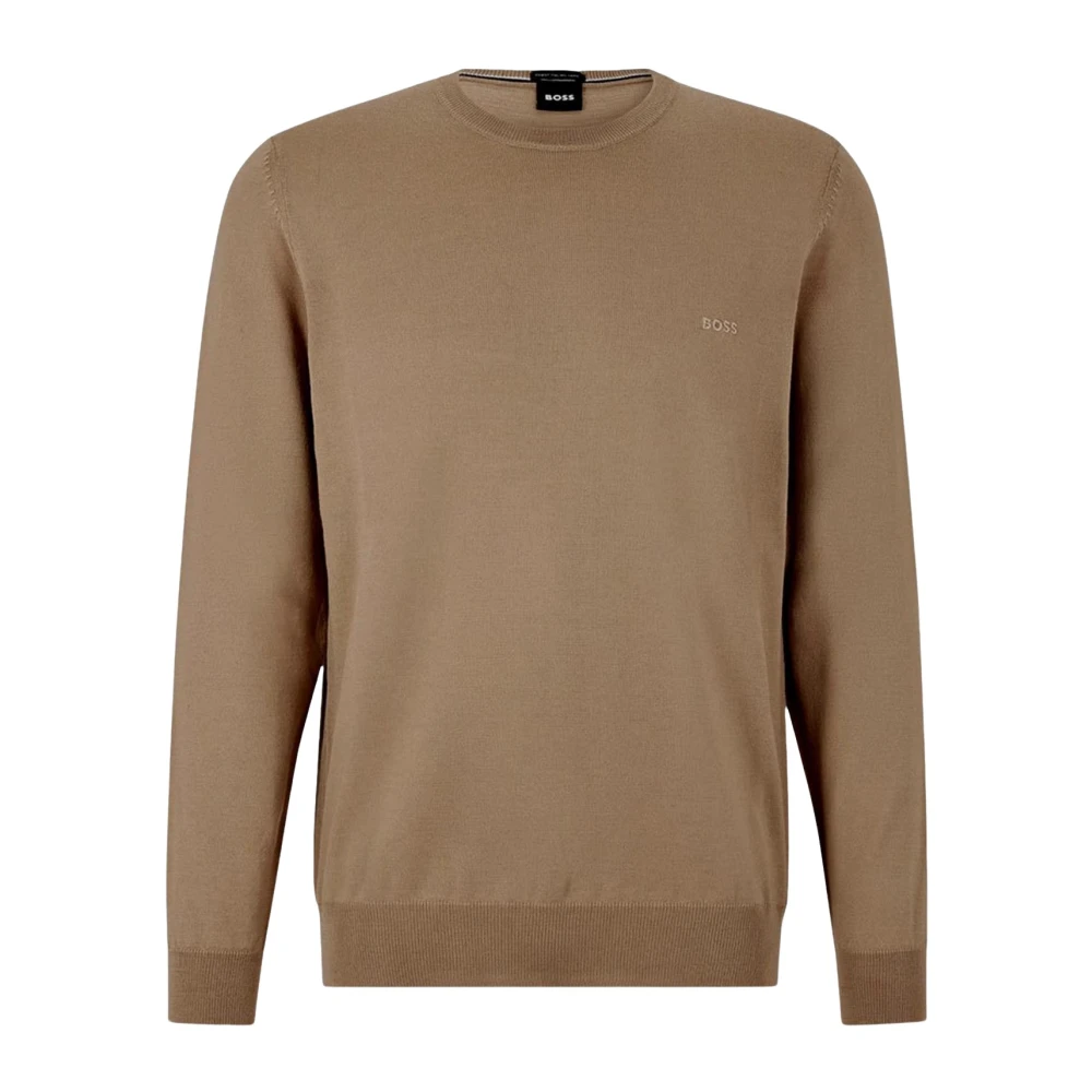 Hugo Men's Beige Round-Neck Knitwear, S, Embroidered Crew Neck Wool Jumper
