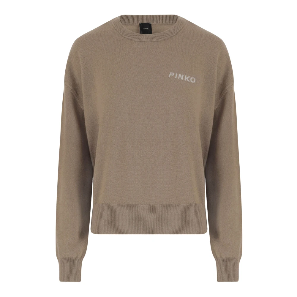 Pinko Women's Brown Logo Wool Cashmere Crew Neck Sweater