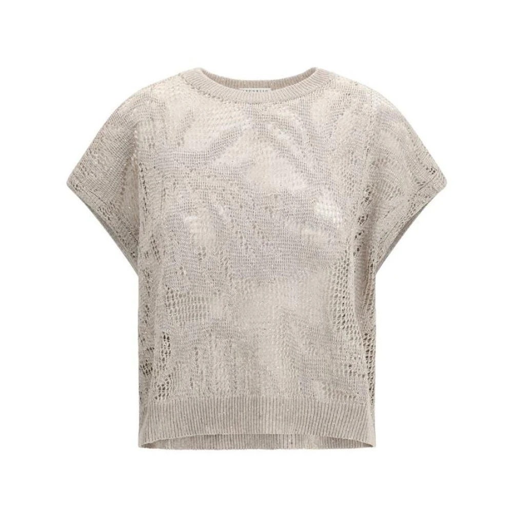 Brunello Cucinelli Women's Beige Linen T-Shirt With Short Sleeves
