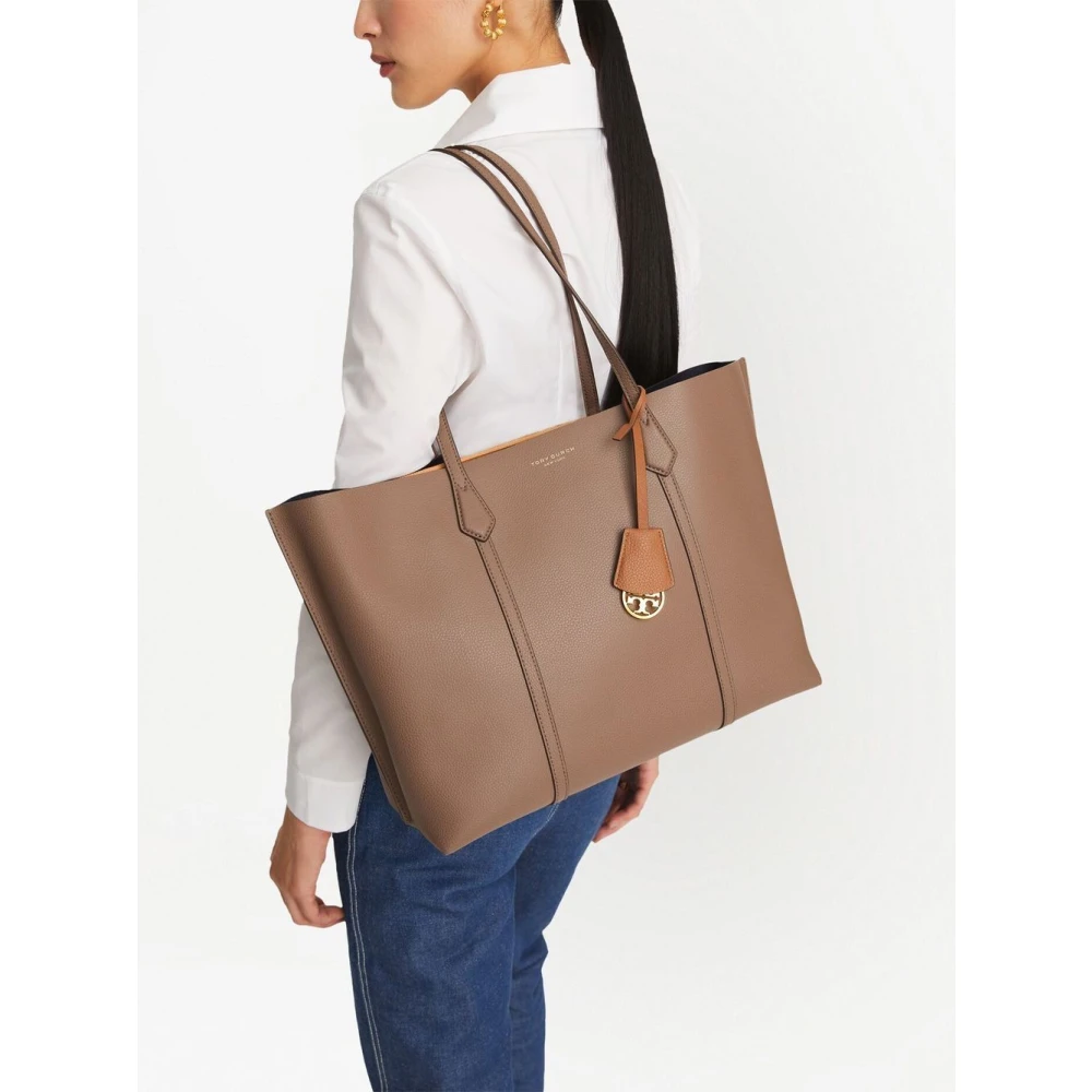 TORY BURCH Gestructureerde Leren Logo-Print Tote Tas Brown Dames