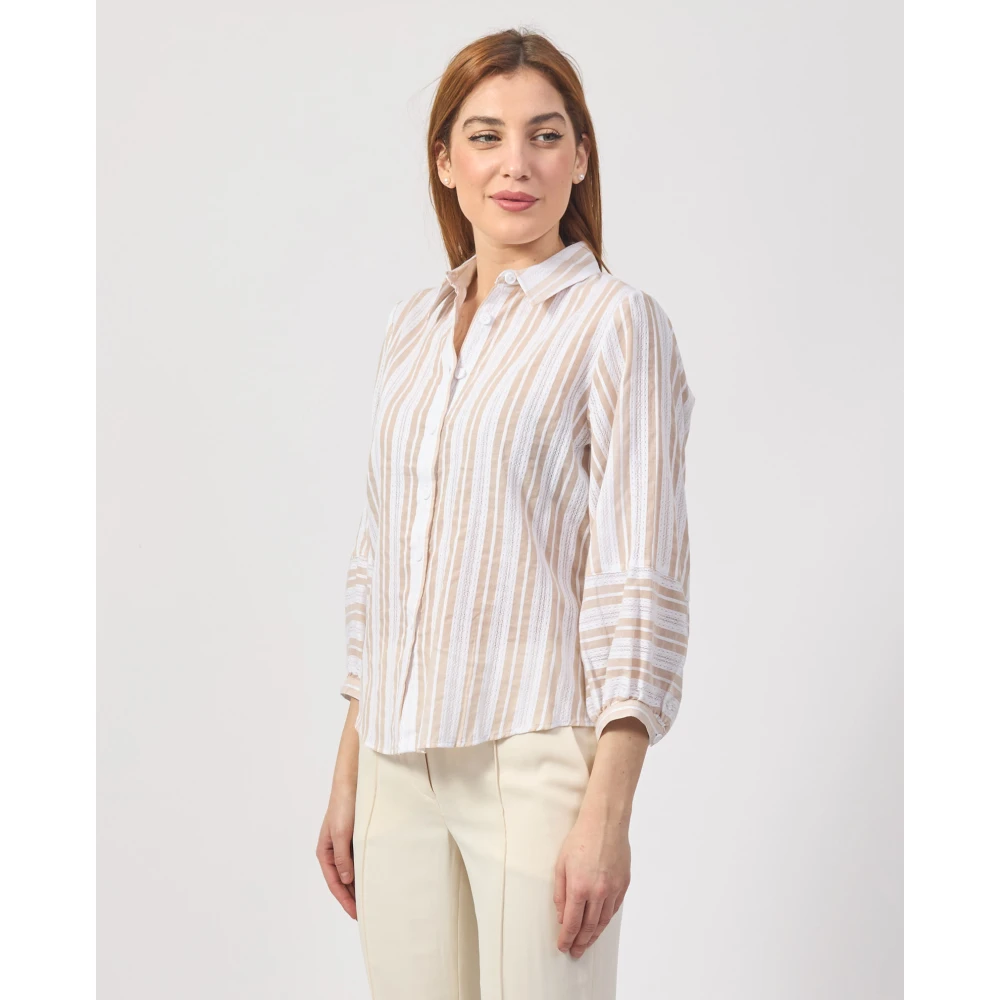 Silvian Heach Beige Gestreepte Shirt met Pofmouwen Beige Dames