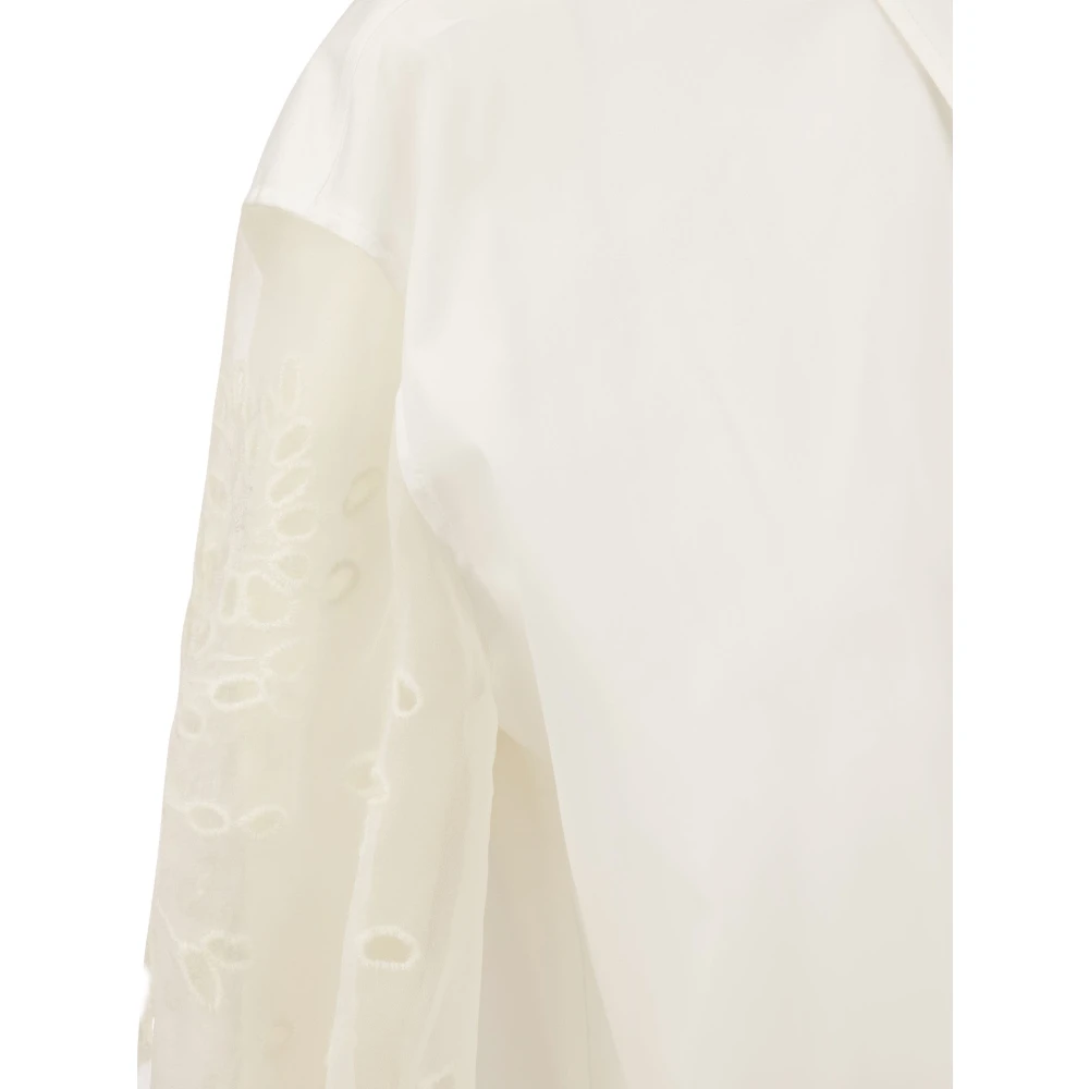 BRUNELLO CUCINELLI Geborduurd Stretch Katoenen Poplin Overhemd met Zijden Broderie Anglaise Mouw White Dames